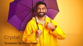  Presentation with indian - Cool new PPT theme with young-indian-man-wearing-raincoat backdrop and a gold colored foreground