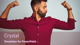  Presentation with red grey - Audience pleasing presentation consisting of young indian man wearing red elegant shirt standing over isolated grey background showing arms muscles smiling proud fitness concept backdrop and a violet colored foreground