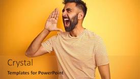  Presentation with indian - Amazing presentation theme having young indian man wearing t-shirt standing over isolated yellow background shouting and screaming loud to side with hand on mouth communication concept backdrop and a gold colored foreground