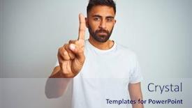  Presentation with indian - Presentation theme featuring young indian man wearing t-shirt standing over isolated white background pointing with finger up and angry expression showing no gesture background and a sky blue colored foreground