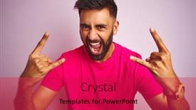 Presentation with rock music - PPT theme featuring young indian man wearing t-shirt standing over isolated pink background shouting with crazy expression doing rock symbol with hands up music star heavy concept background and a red colored foreground