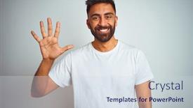  Presentation with indian - Presentation design featuring young indian man wearing t-shirt standing over isolated white background showing and pointing up with fingers number five while smiling confident and happy background and a sky blue colored foreground