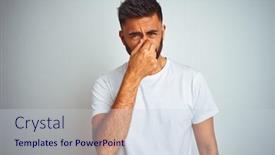  Presentation with bad breath - Presentation design with young indian man wearing t-shirt standing over isolated white background smelling something stinky and disgusting intolerable smell holding breath with fingers on nose bad smells concept background and a lemonade colored foreground