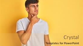  Presentation with sore throat - Audience pleasing presentation theme consisting of young indian man wearing white t-shirt standing over isolated yellow background touching painful neck sore throat for flu clod and infection backdrop and a yellow colored foreground