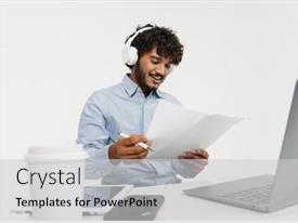 Young Indian Office Employee Sitting PPT template 39 | CrystalGraphics