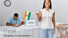  Presentation with india flag - Slides featuring young-indian-voter-woman-smiling background and a light blue colored foreground