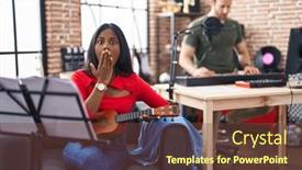  Presentation with ukulele - PPT theme having young-indian-woman-playing-ukulele background and a  colored foreground