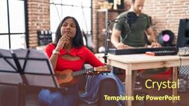  Presentation with ukulele - Theme featuring young-indian-woman-playing-ukulele background and a tawny brown colored foreground