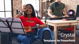  Presentation with ukulele - Theme consisting of young-indian-woman-playing-ukulele background and a ocean colored foreground