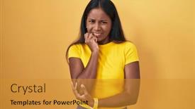  Presentation with nails - Slide deck consisting of young-indian-woman-standing-over background and a gold colored foreground