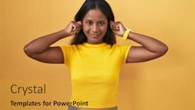  Presentation with ears - Presentation theme consisting of young-indian-woman-standing-over background and a gold colored foreground