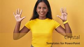  Presentation with indian woman - Presentation design featuring young-indian-woman-standing-over background and a gold colored foreground