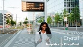  Presentation with indian woman - PPT layouts having young-indian-woman-with-backpack background and a gray colored foreground