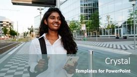  Presentation with indian woman - Slides with young-indian-woman-with-backpack background and a gray colored foreground
