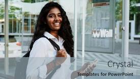  Presentation with indian woman - PPT theme featuring young-indian-woman-with-backpack background and a light blue colored foreground