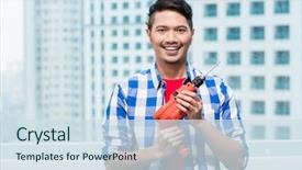  Presentation with home improvement - Cool new PPT theme with young indonesian man with power backdrop and a sky blue colored foreground