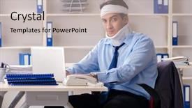  Presentation with employee - Audience pleasing PPT theme consisting of young injured male employee working backdrop and a  colored foreground