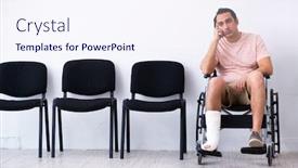  Presentation with waiting - Colorful presentation design enhanced with young injured man waiting for his turn in hospital hall backdrop and a sky blue colored foreground