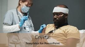  Presentation with injection preparing - Presentation theme featuring young-injured-man-with-bandaged background and a coral colored foreground