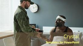  Presentation with medal - Slides having young-injured-soldier-with-bandaged background and a tawny brown colored foreground