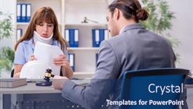  Presentation with courtroom - Beautiful theme featuring young-injured-woman-and-male backdrop and a navy blue colored foreground