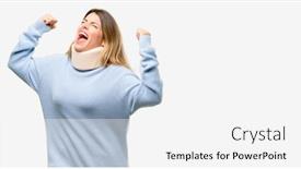  Presentation with power energy - Presentation design consisting of young injured woman wearing neck brace collar happy and excited celebrating victory expressing big success power energy and positive emotions celebrates new job joyful background and a white colored foreground