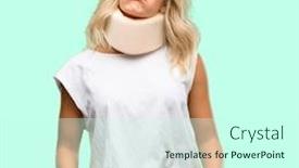  Presentation with overworked - PPT theme consisting of young injured woman wearing neck brace with sleepy expression being overworked and tired background and a cool aqua colored foreground