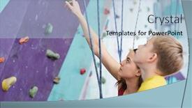  Presentation with upwards - Presentation design with young instructor pointing upwards while explaining schoolboy some dangerous places on climbing wall before training background and a light blue colored foreground