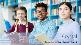  Presentation with intercultural - Presentation with young intercultural college students in casualwear looking at camera while preparing for seminar or exam together background and a light blue colored foreground