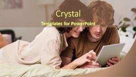  Presentation with intercultural - Presentation theme having young-intercultural-couple-with-tablet background and a coral colored foreground