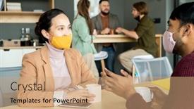  Presentation with managers - PPT theme with young-intercultural-designers-or-managers background and a coral colored foreground