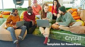  Presentation with managers - PPT theme enhanced with young-intercultural-managers-listening background and a dark gray colored foreground