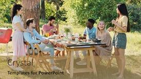  Presentation with summer time - Slide deck enhanced with young-intercultural-relaxed-friends-chatting background and a coral colored foreground