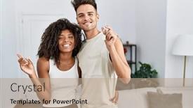  Presentation with young happy couple - PPT layouts with young-interracial-couple-holding-keys background and a coral colored foreground