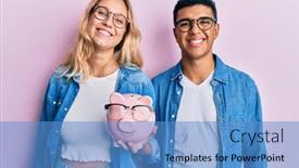  Presentation with young happy couple - PPT theme featuring young-interracial-couple-holding-piggy background and a teal colored foreground