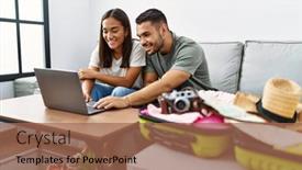  Presentation with young happy couple - PPT theme having young-interracial-couple-packing-summer background and a coral colored foreground