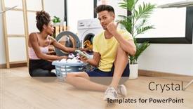  Presentation with young happy couple - Presentation design featuring young-interracial-couple-putting-dirty background and a  colored foreground