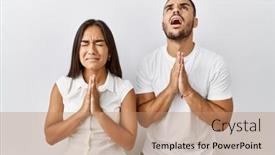  Presentation with praying hands - PPT theme having young-interracial-couple-standing-together background and a coral colored foreground