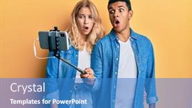  Presentation with selfie - Slide set featuring young-interracial-couple-taking background and a teal colored foreground