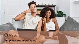  Presentation with laptop - Presentation theme enhanced with young-interracial-couple-using-laptop background and a coral colored foreground