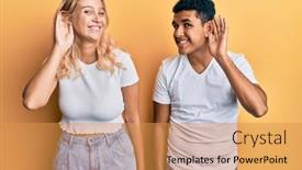  Presentation with tshirt - Cool new slide deck with young-interracial-couple-wearing-casual backdrop and a gold colored foreground