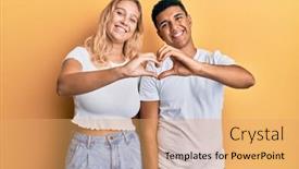  Presentation with tshirt - PPT layouts consisting of young-interracial-couple-wearing-casual background and a yellow colored foreground