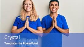  Presentation with praying hands - Colorful presentation design enhanced with young-interracial-couple-wearing-casual backdrop and a teal colored foreground