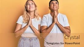  Presentation with praying hands - PPT theme featuring young-interracial-couple-wearing-casual background and a yellow colored foreground