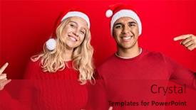  Presentation with young happy couple - Presentation theme featuring young-interracial-couple-wearing-christmas background and a crimson colored foreground