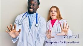  Presentation with panic - Cool new PPT layouts with young-interracial-couple-wearing-doctor backdrop and a sky blue colored foreground