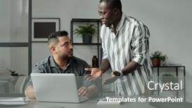  Presentation with front desk - Presentation theme featuring young-irritated-african-american-employee background and a gray colored foreground
