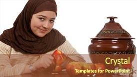  Presentation with hygienic food - Colorful slides enhanced with young islamic woman preparing food backdrop and a tawny brown colored foreground