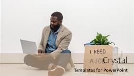  Presentation with search - Cool new slide deck with young-jobless-african-man backdrop and a coral colored foreground