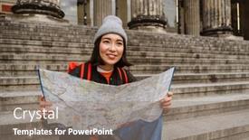  Presentation with asian map - PPT theme with young-joyful-asian-woman-tourist background and a gray colored foreground